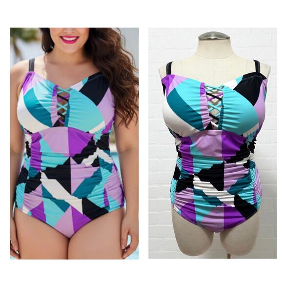 torrid Other - Torrid Plus Size 4 Geometric Art Wireless One Piece Lattice Lace Up Swimsuit 4X